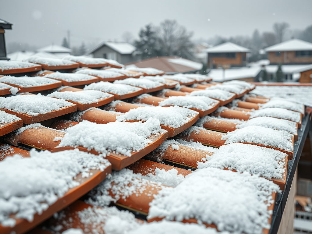 Крыша с陶кирпичной черепицей, покрытая雪, на фоне зимнего пейзажа и снежных домов.