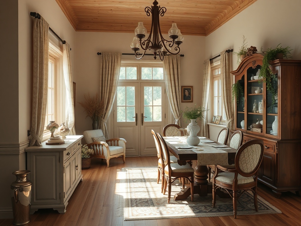 Светлая столовая с деревянным потолком, столом, стульями и шкафом, украшенными вазами и растениями.