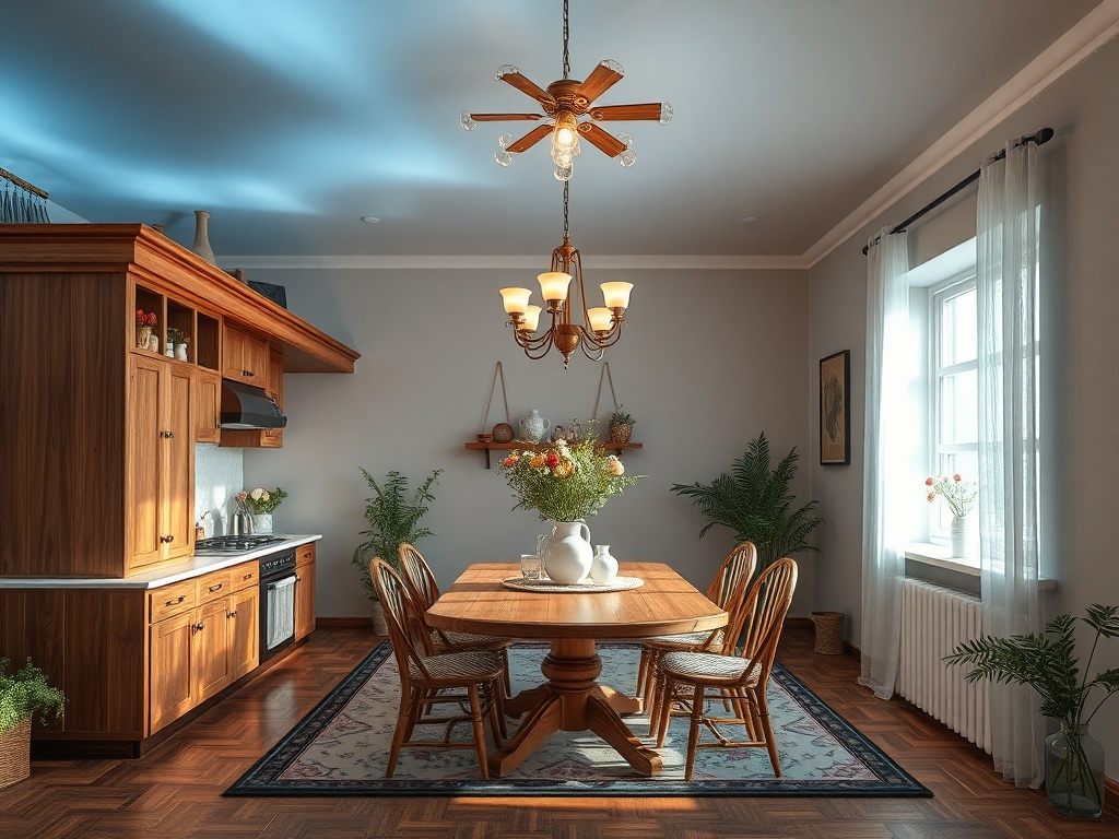 Современная кухня с деревянной мебелью, столом, стульями и зелеными растениями в уютной обстановке.