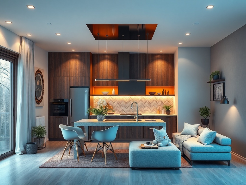 Современная кухня с уютной зоной для отдыха, деревянные шкафы, светлые тона и растения в интерьере.