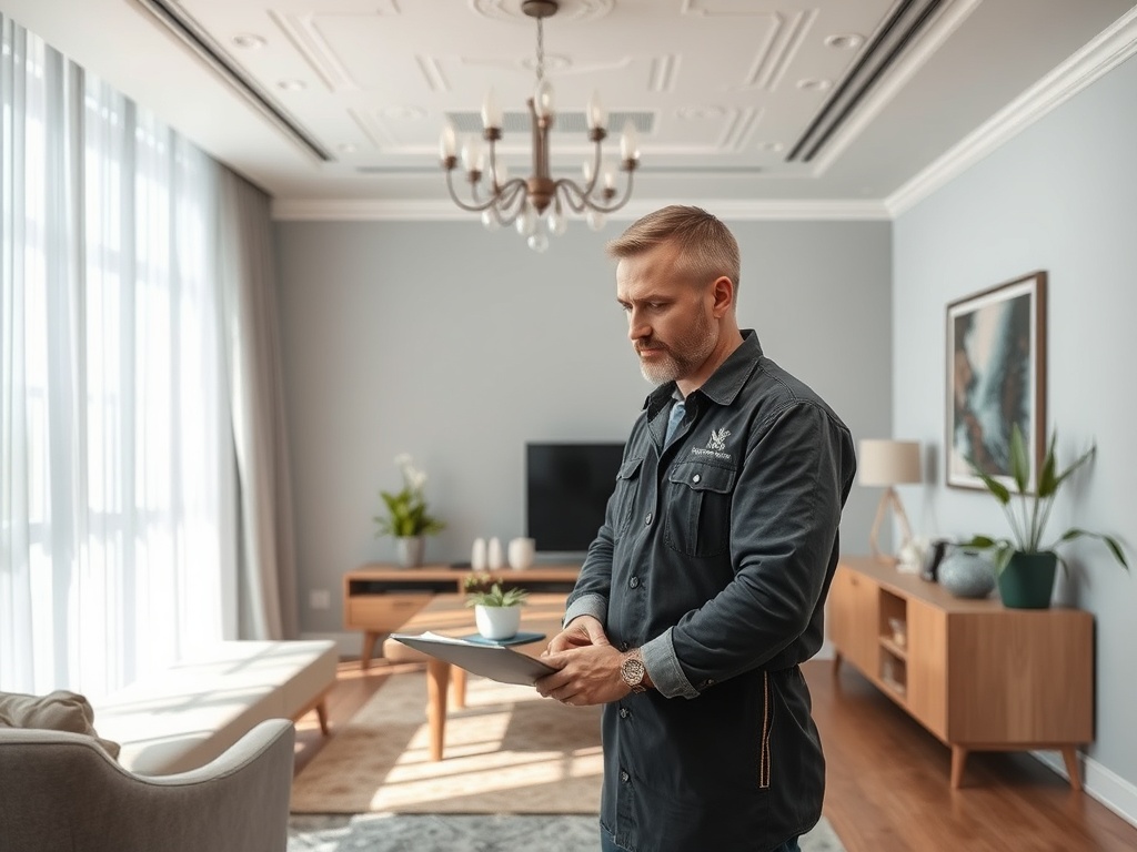 Человек в интерьере современного дома внимательно изучает планшет. Светлое пространство с элементами природы.