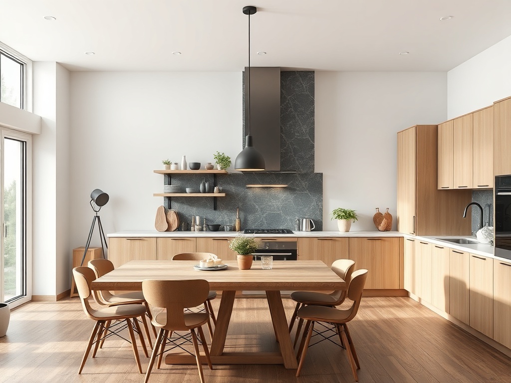 Современная кухня с деревянными шкафами, обеденным столом и большими окнами, пропускающими свет.