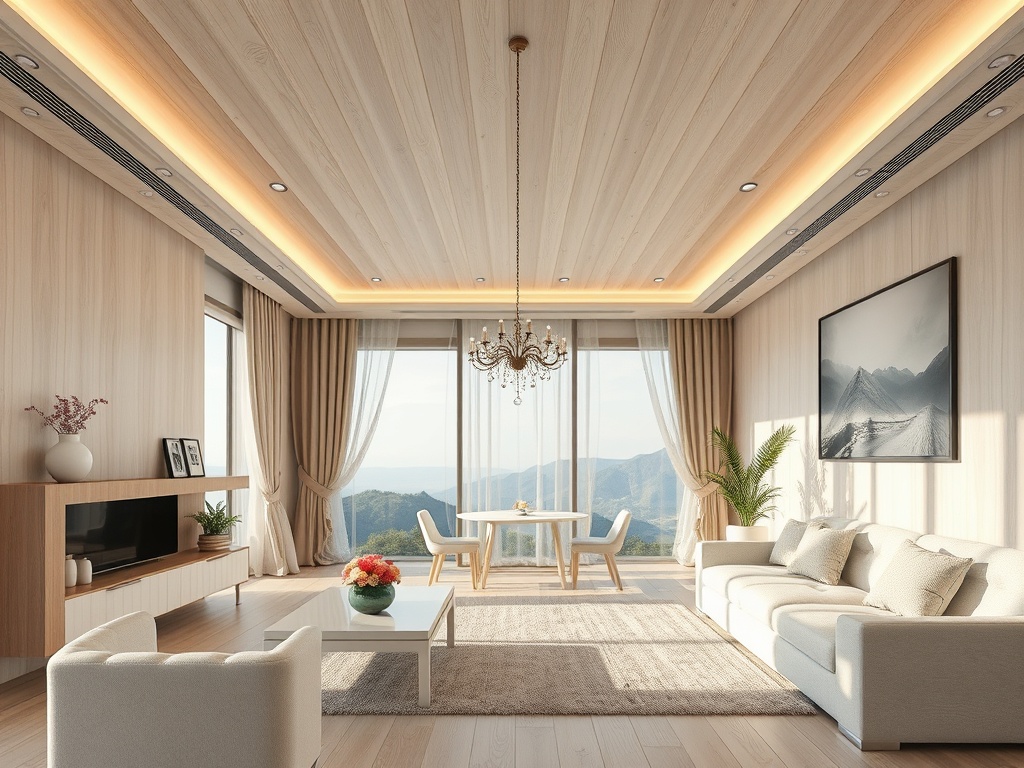 Современная гостиная с большими окнами, светлыми стенами и стильной мебелью, открывающая вид на горы.