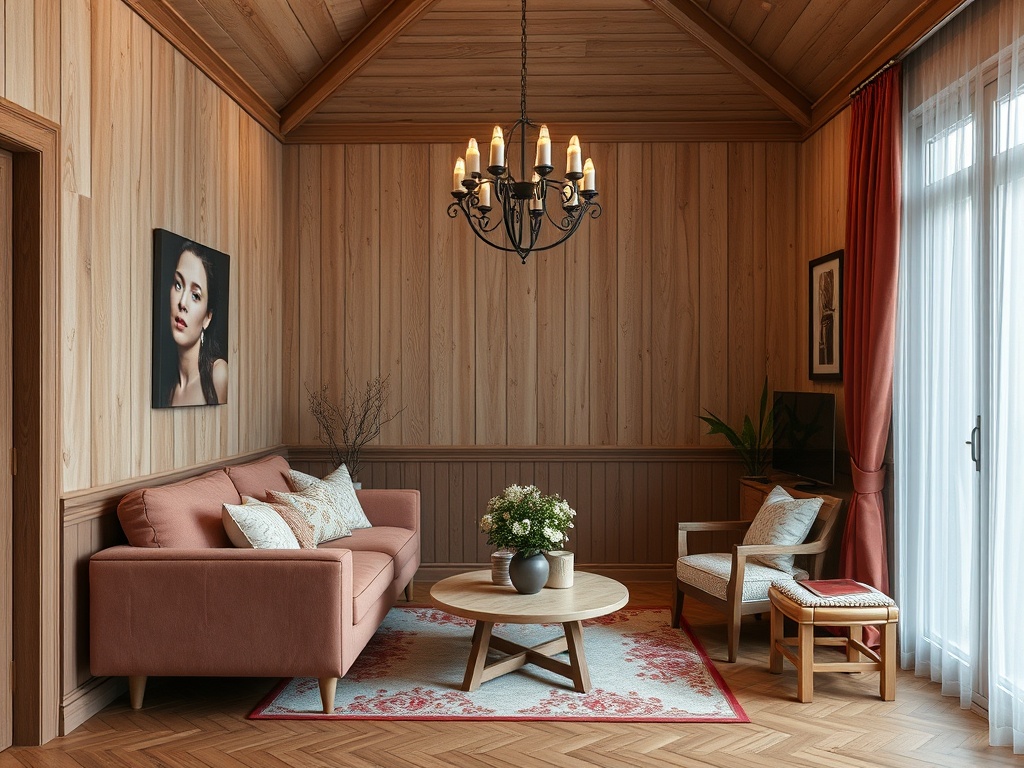 Современный уютный интерьер с розовым диваном, деревянными стенами и стильной люстрой.