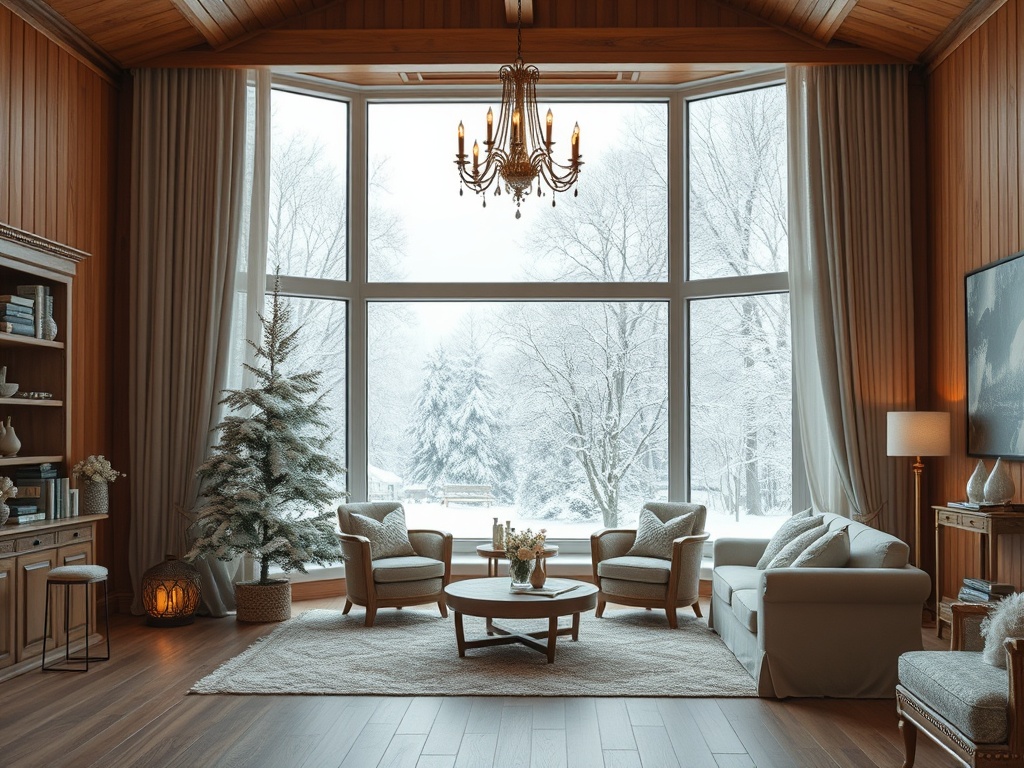 В уютной гостиной с видом на зимний пейзаж стоят стулья, столик и искусственная елка.