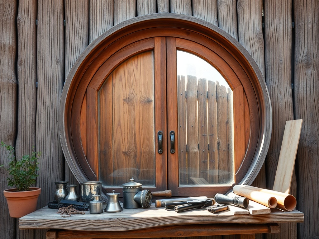 На столе стоят инструменты, посуда и округлое окно, окруженное деревянной стеной.