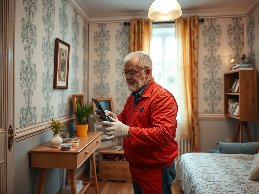 Пожилой мужчина в красной куртке смотрит на планшет в уютной комнате с книжным шкафом и растениями.