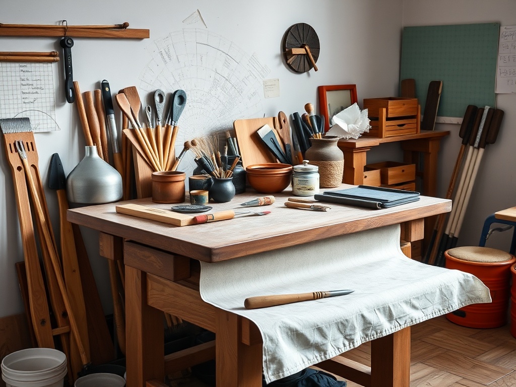 Рабочее пространство с инструментами, шкафами и столом, освещенное мягким светом, создает атмосферу творчества.