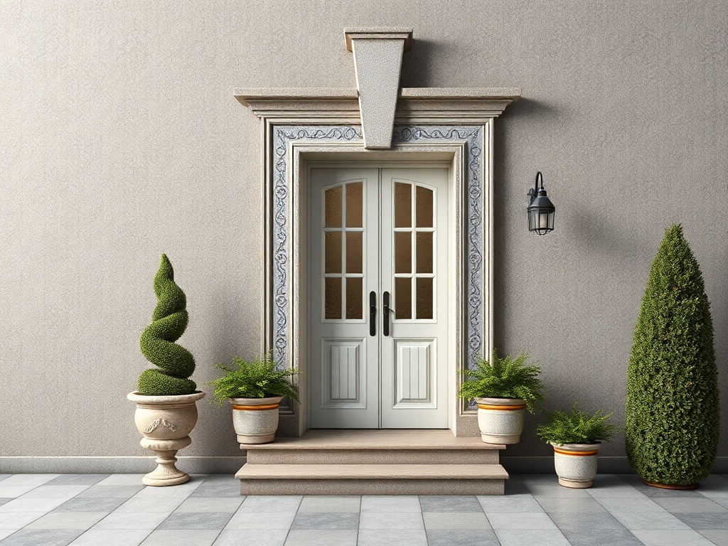 Элегантная входная дверь с красивым оформлением и зелеными растениями по обеим сторонам.
