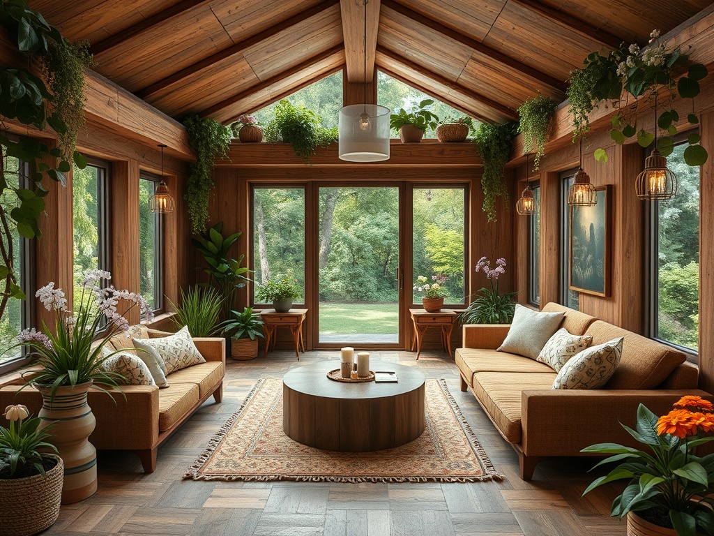 Уютная комната с большими окнами, растениями и двухместными диванами, полоса ковра и круглый стол.