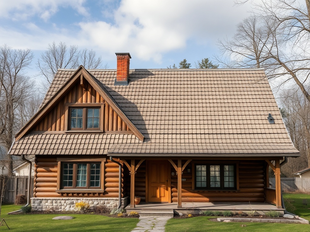 Деревянный дом с черепичной крышей и зелёным газоном, окружённый деревьями и кустами.