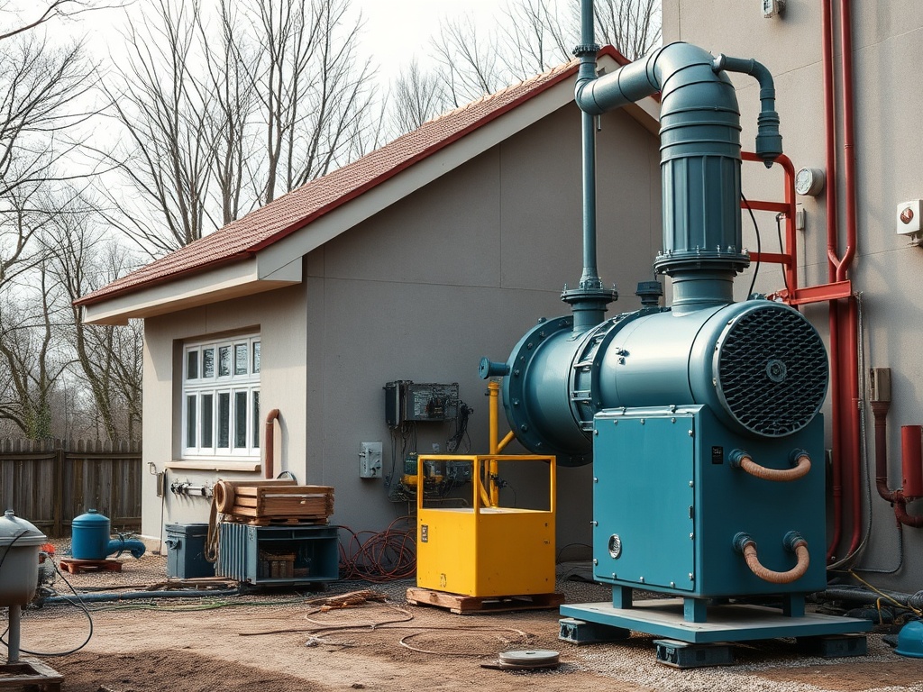 На изображении насосная установка рядом с домом, оборудование и трубопроводы на заднем дворе.