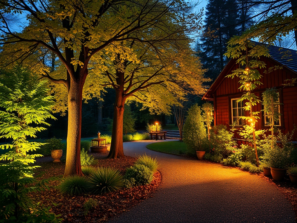 Осы вид с уютной аллеей, освещенной фонарями, и домом среди деревьев с золотой листвой.