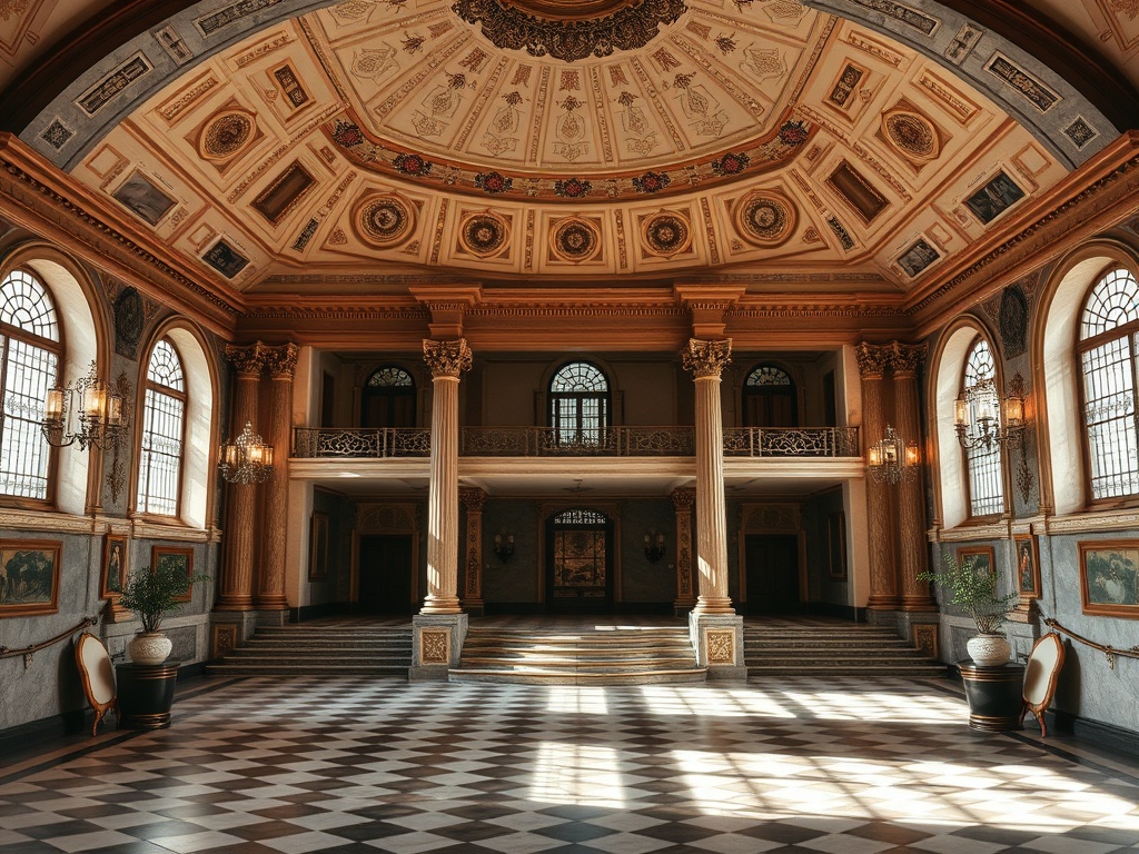 Великолепный интерьер с высокими потолками, колоннами и большими окнами, освещает просторный зал.