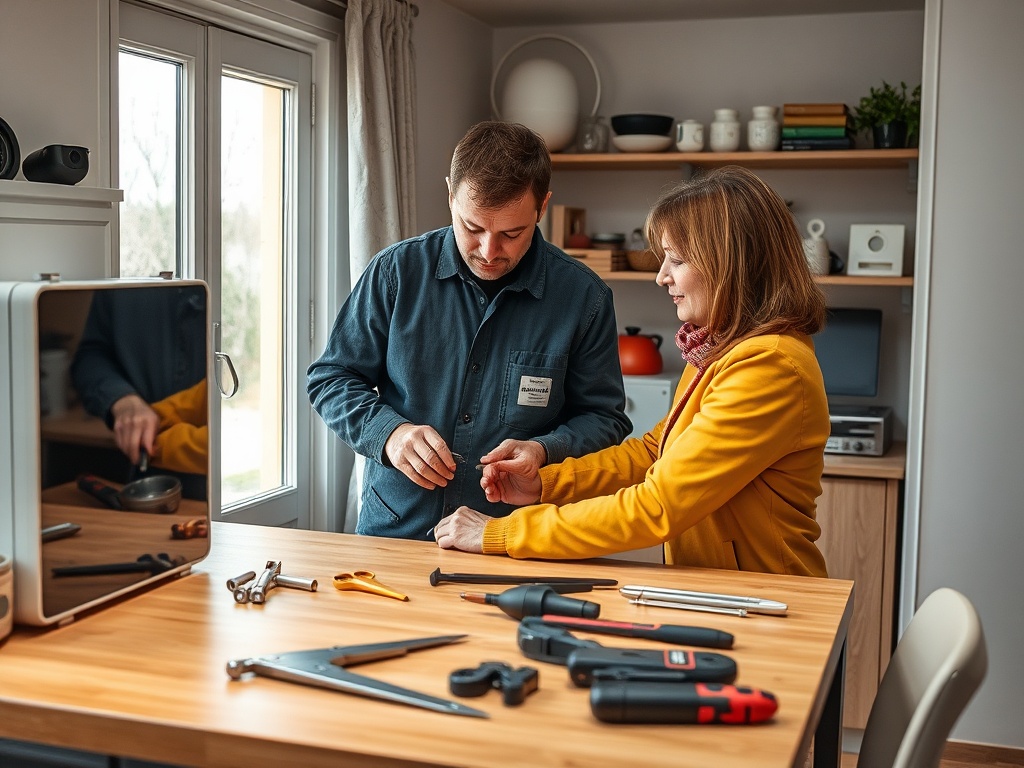 На изображении мужчина и женщина работают над проектом, окруженные инструментами на деревянном столе.