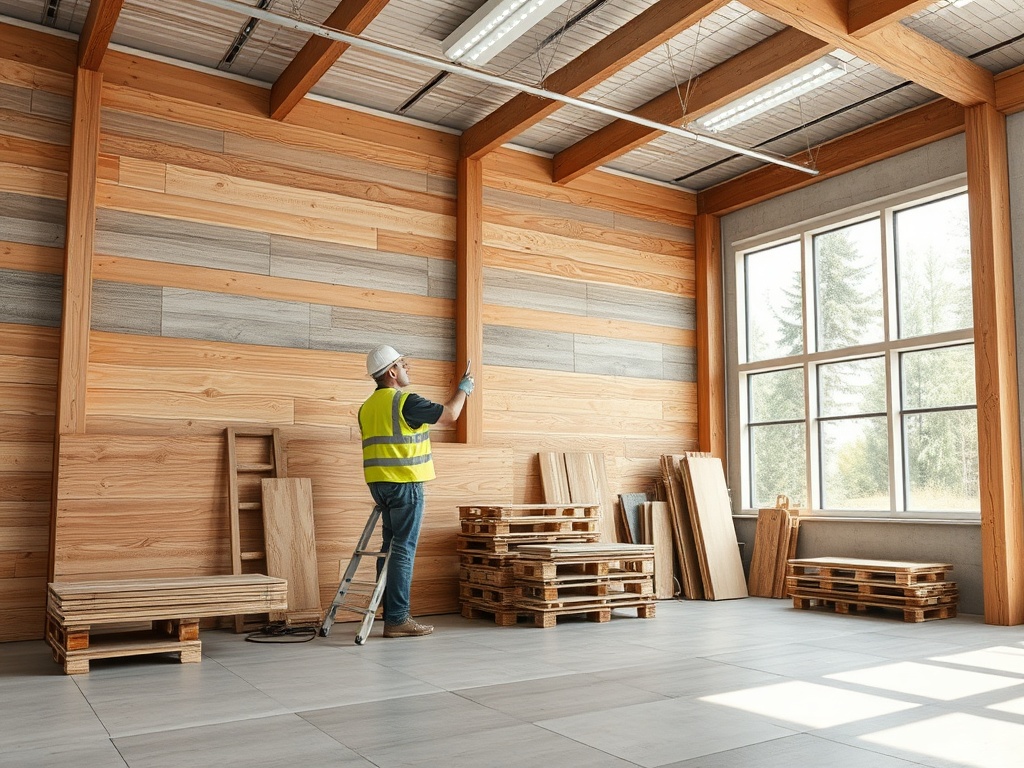 Рабочий в строительном жилете стоит на лестнице и работает с деревом в светлом помещении.