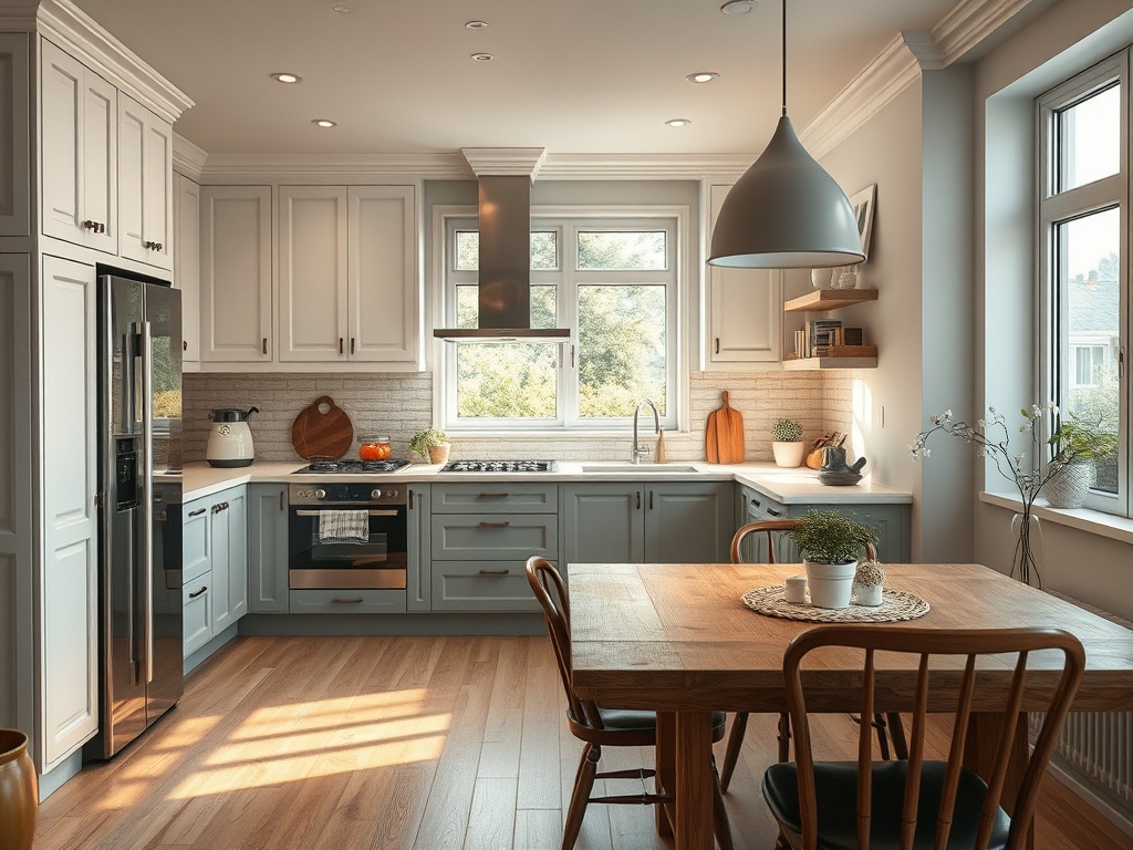 Современная кухня с деревянным столом, шкафами светло-синего цвета и большими окнами, наполненными светом.