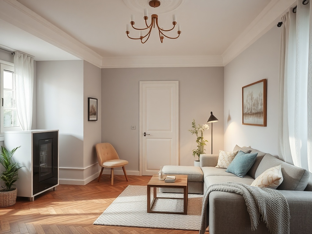 Современный уютный уголок с серым диваном, столиком, растениями и светом в светлой комнате.