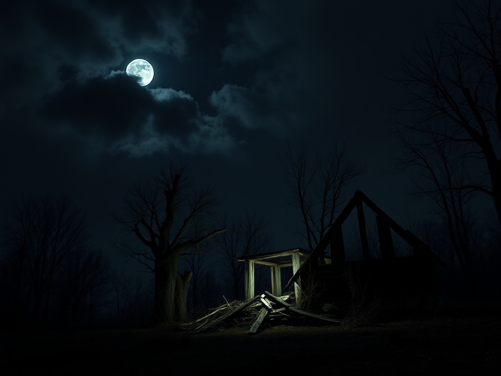 Лунный свет освещает заброшенный дом среди темного леса с голыми деревьями. Ночь полна таинственности.