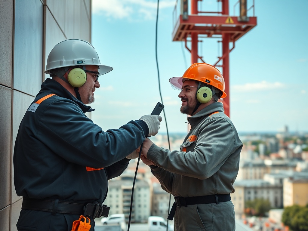 Два строителя в касках и наушниках общаются на высоте, на фоне города и строительного крана.
