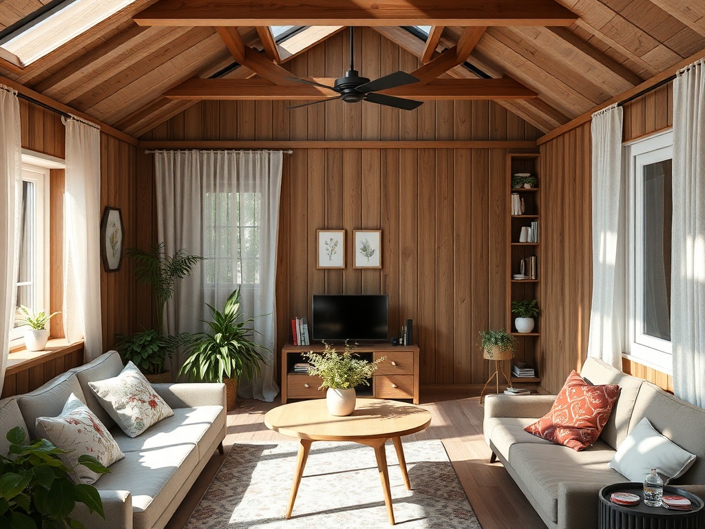 Светлая комната с деревянными стенами, уютная мебель, растения и большое окно с вышивкой.