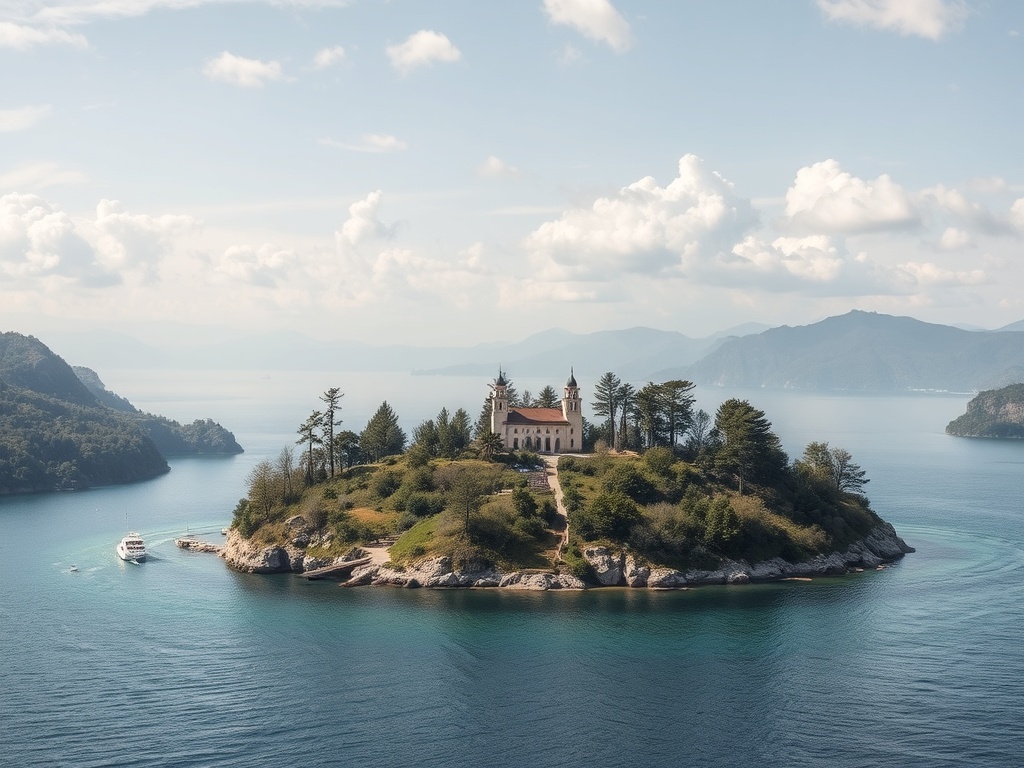Небольшой остров с церковью и зелеными деревьями, окруженный спокойной водой и горами на фоне.