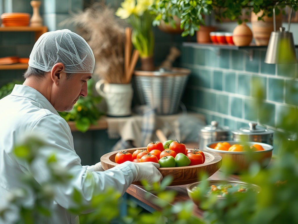 Шеф-повар в белом халате подает свежие помидоры на деревянном подносе в уютной кухне с зелеными растениями.