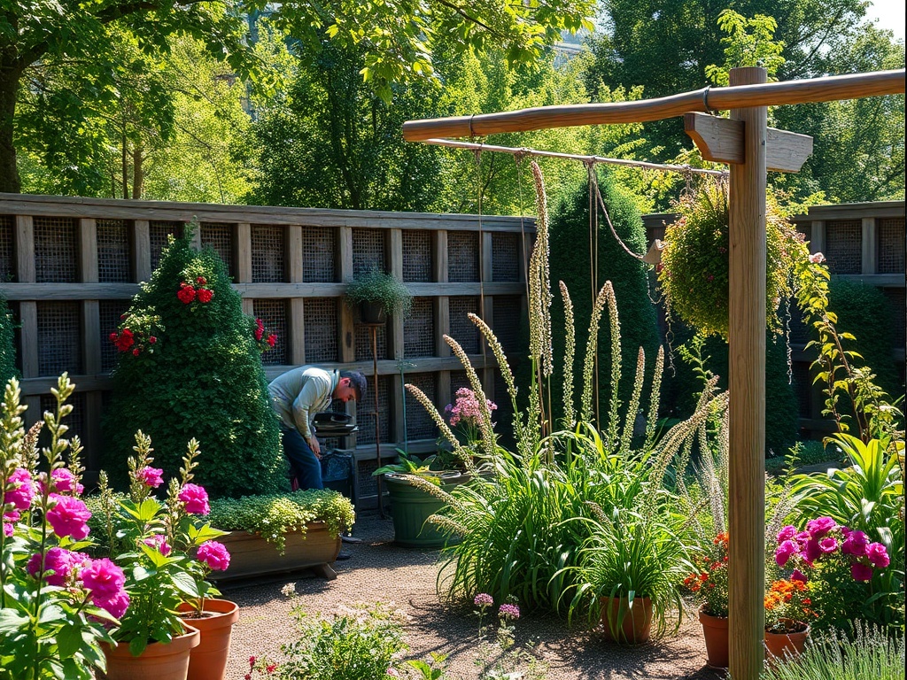 Человек ухаживает за растениями в саду, окружённом цветущими клумбами и зелёными кустами.
