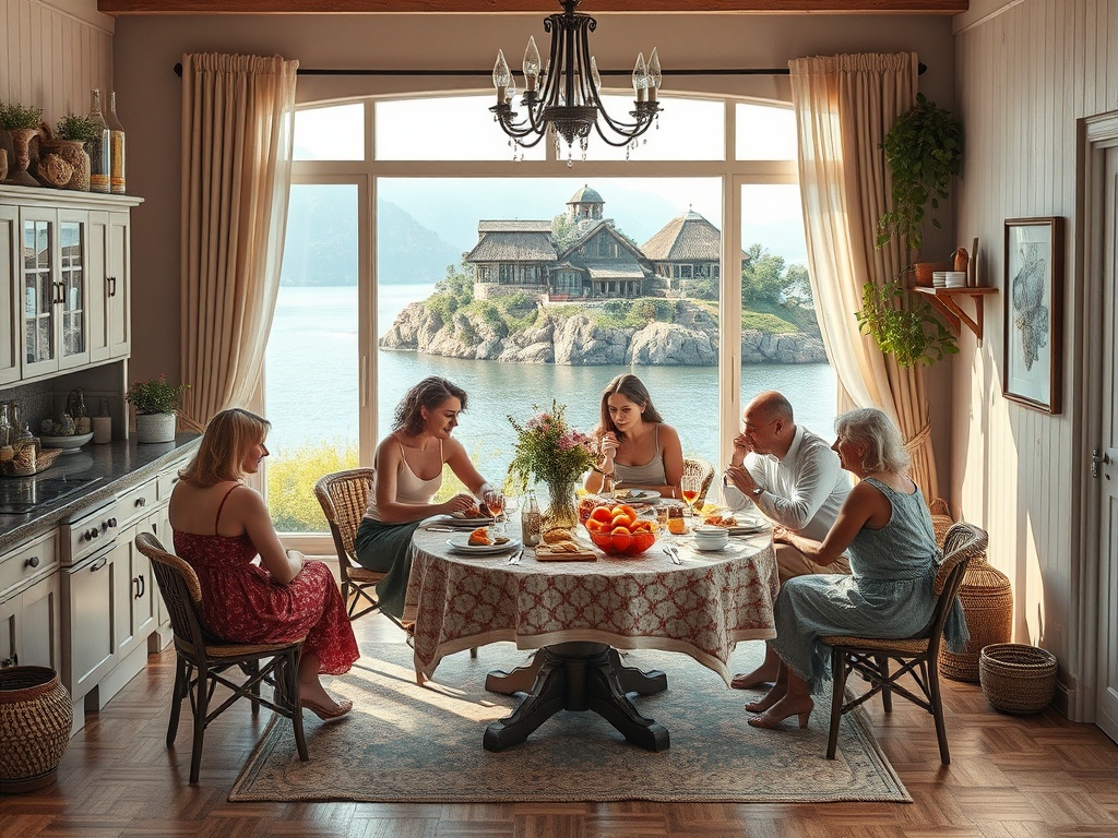 На кухне семья наслаждается обедом с видом на озеро и горы, атмосфера уюта и единства.